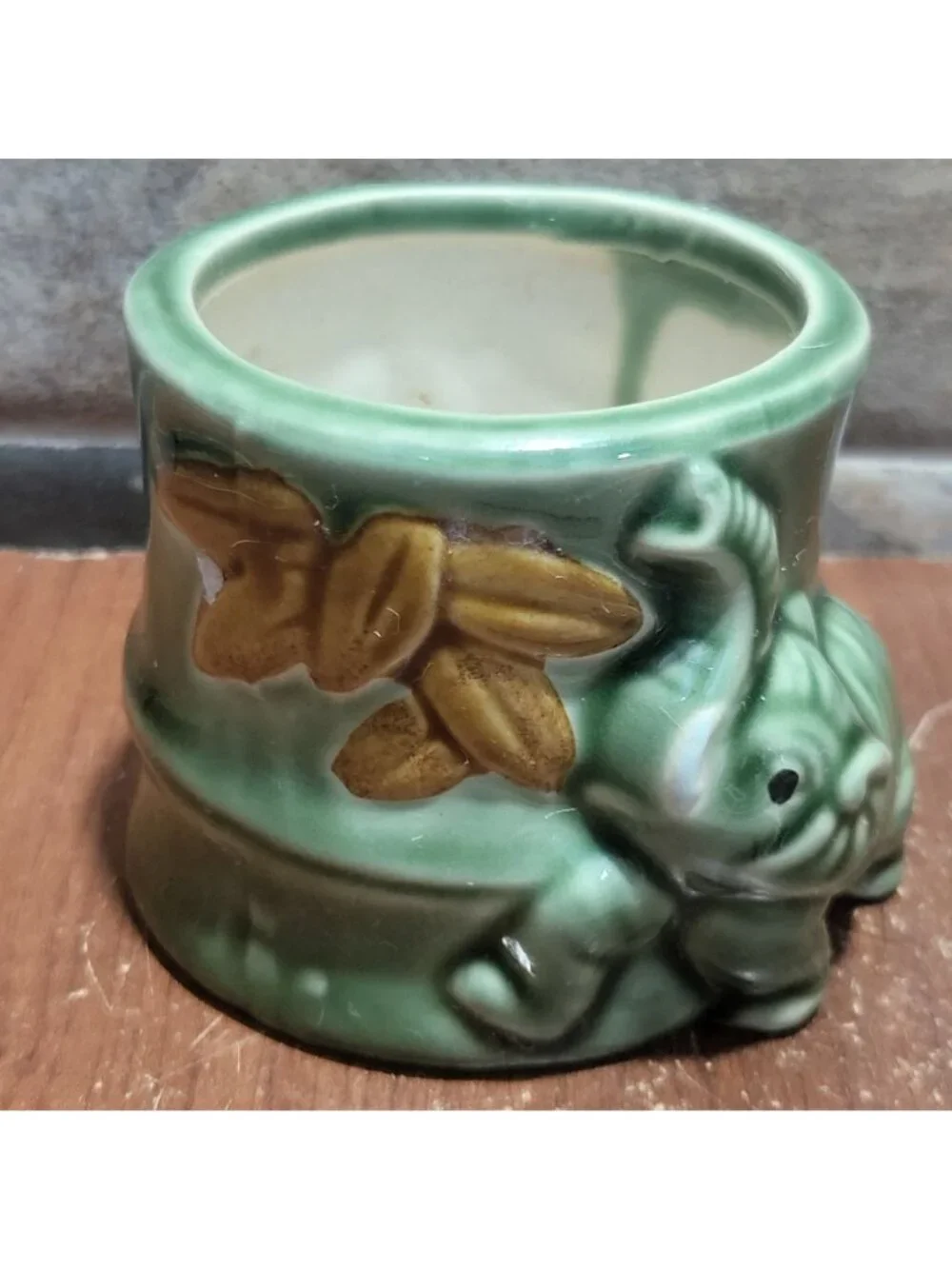 Vintage Majolica Green Ceramic Elephant Trunk Up Planter Pot Mid Century Decor